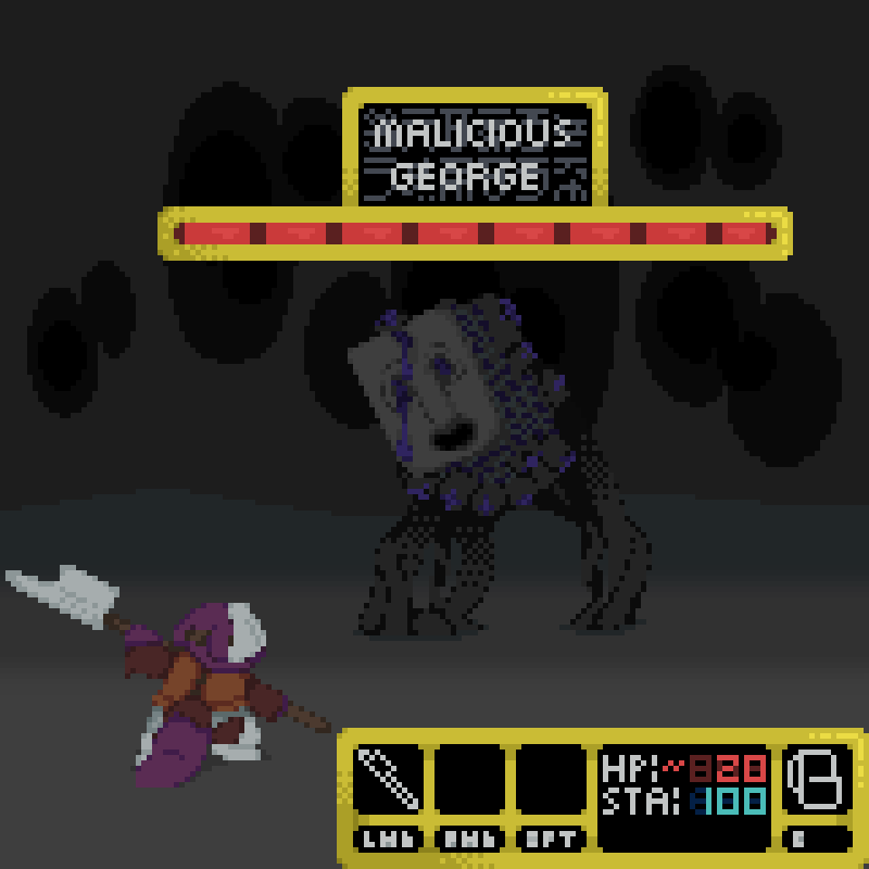 An armored slugcat wielding a halberd standing before a rotted out verson of Malicious Geroge from the Roblox game 'Five (Infinite) Nights At Build To Survive The Cats'. There is UI on the image, indicating that the slugcat has about 20 HP and 100 stamina, as well as a boss healthbar above George with his name written on it, as well as the name 'strings sewn in shredded sinew' written behind it in Yongasabi.